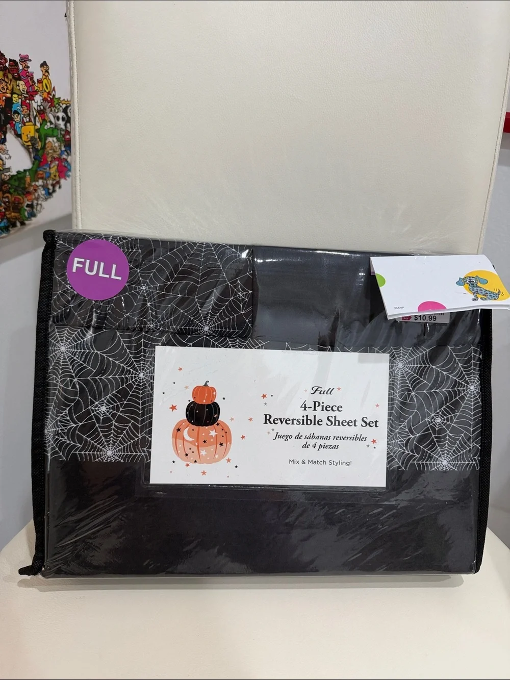 Full 4 Piece Reversible Halloween Sheet Set in Black & White Spiderweb Print